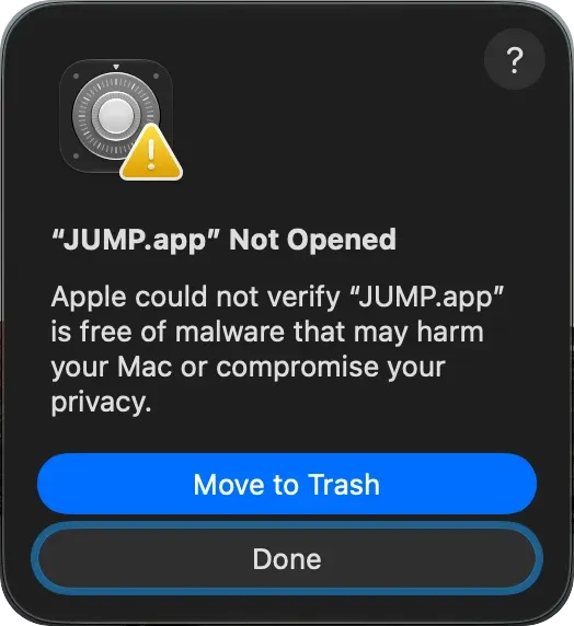 macOS dialog: “JUMP.app” Not Opened, with Move to Trash and Done buttons
