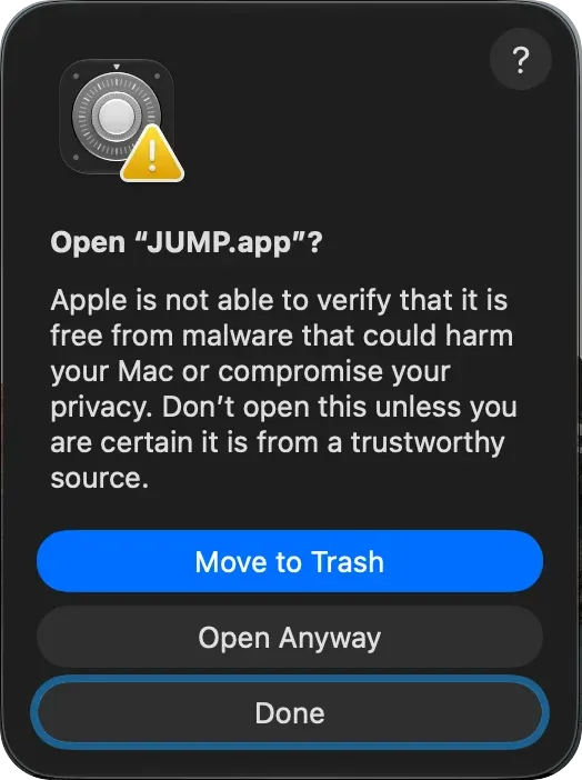 macOS dialog: Open “JUMP.app”?, with Move to Trash, Open Anyway and Done buttons