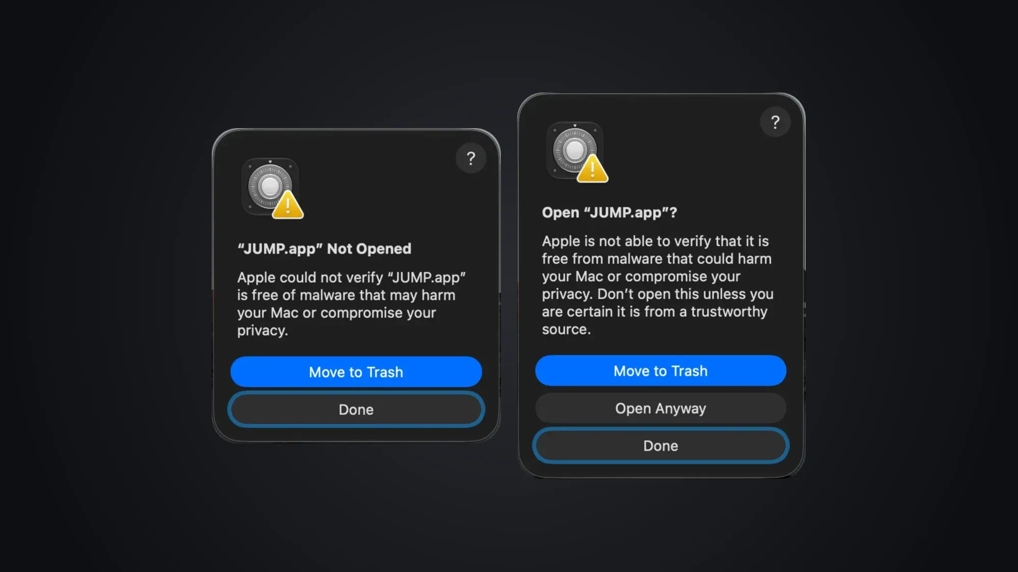The two macOS dialogs you see when opening an app that isn't notarized: “Not Opened” and “Open Anyway”