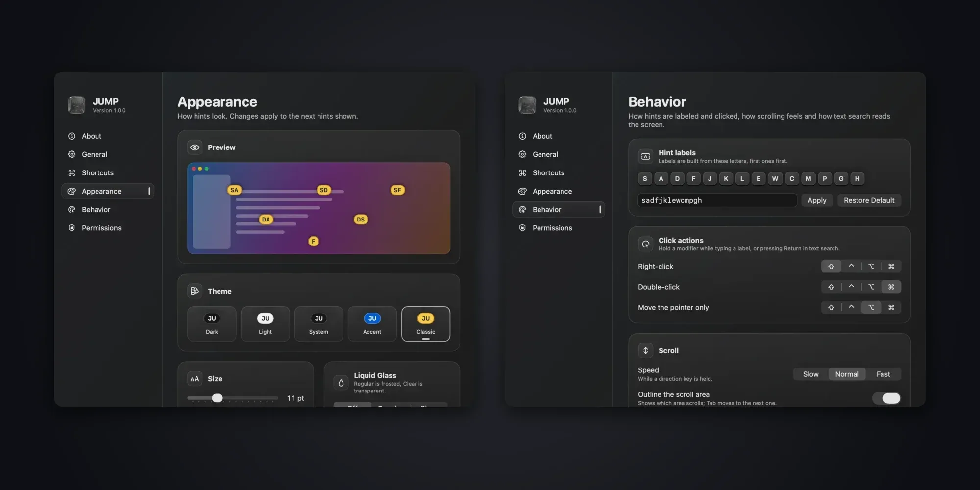 JUMP’s settings: how the labels look and how clicks behave