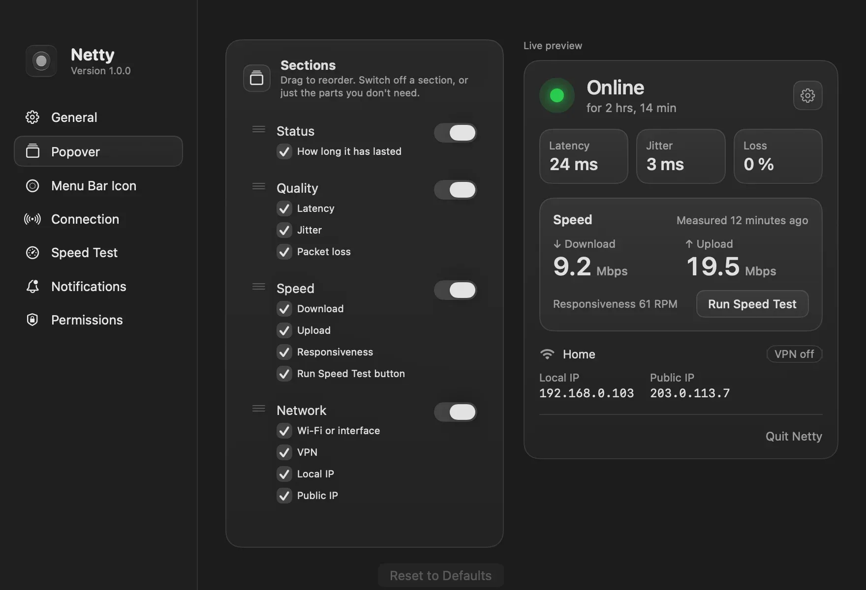Netty’s settings: show, hide and reorder the popover’s sections with a live preview