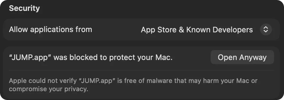 Privacy & Security settings: “JUMP.app” was blocked to protect your Mac, with an Open Anyway button